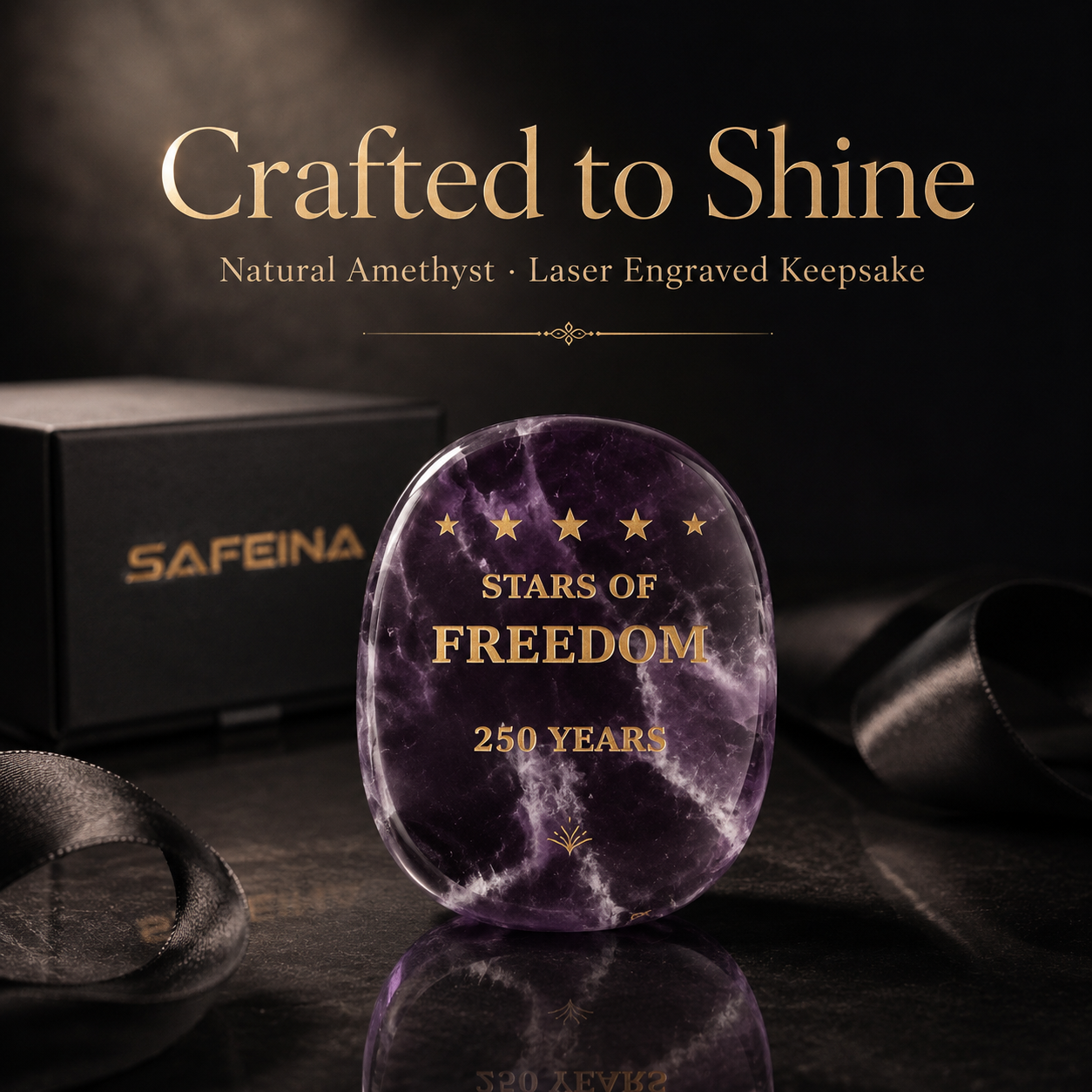 SAFEINA gift packaging for amethyst Stars of Freedom keepsake – gift box, soft pouch, and keepsake card