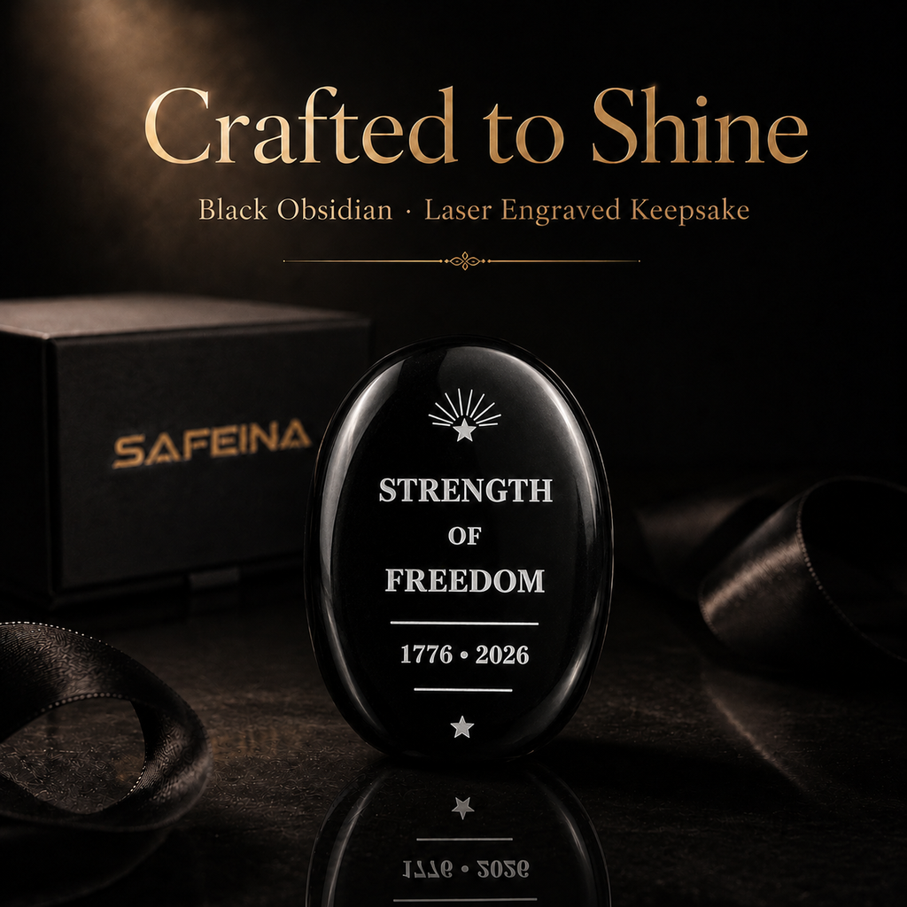 SAFEINA gift packaging for black obsidian keepsake palm stone – gift box, soft pouch, and keepsake card