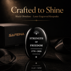 SAFEINA gift packaging for black obsidian keepsake palm stone – gift box, soft pouch, and keepsake card