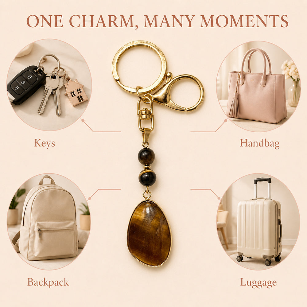 SAFEINA Natural Tiger Eye Keychain & Bag Charm Gift Set