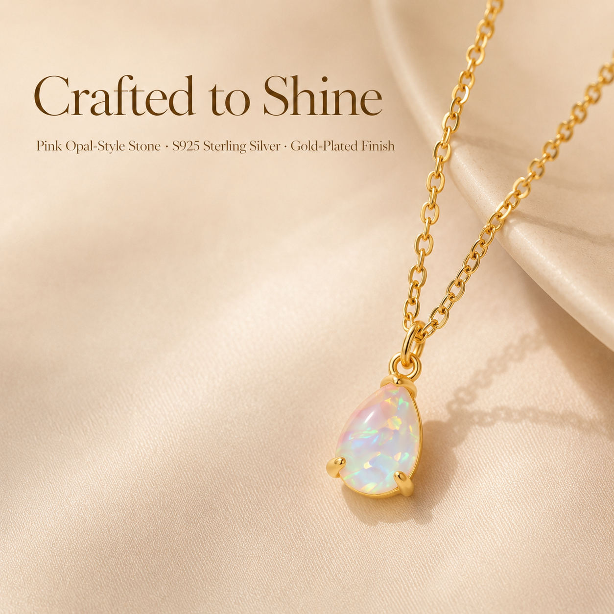 Pink Opal Teardrop Necklace in Gold-Plated 925 Sterling Silver