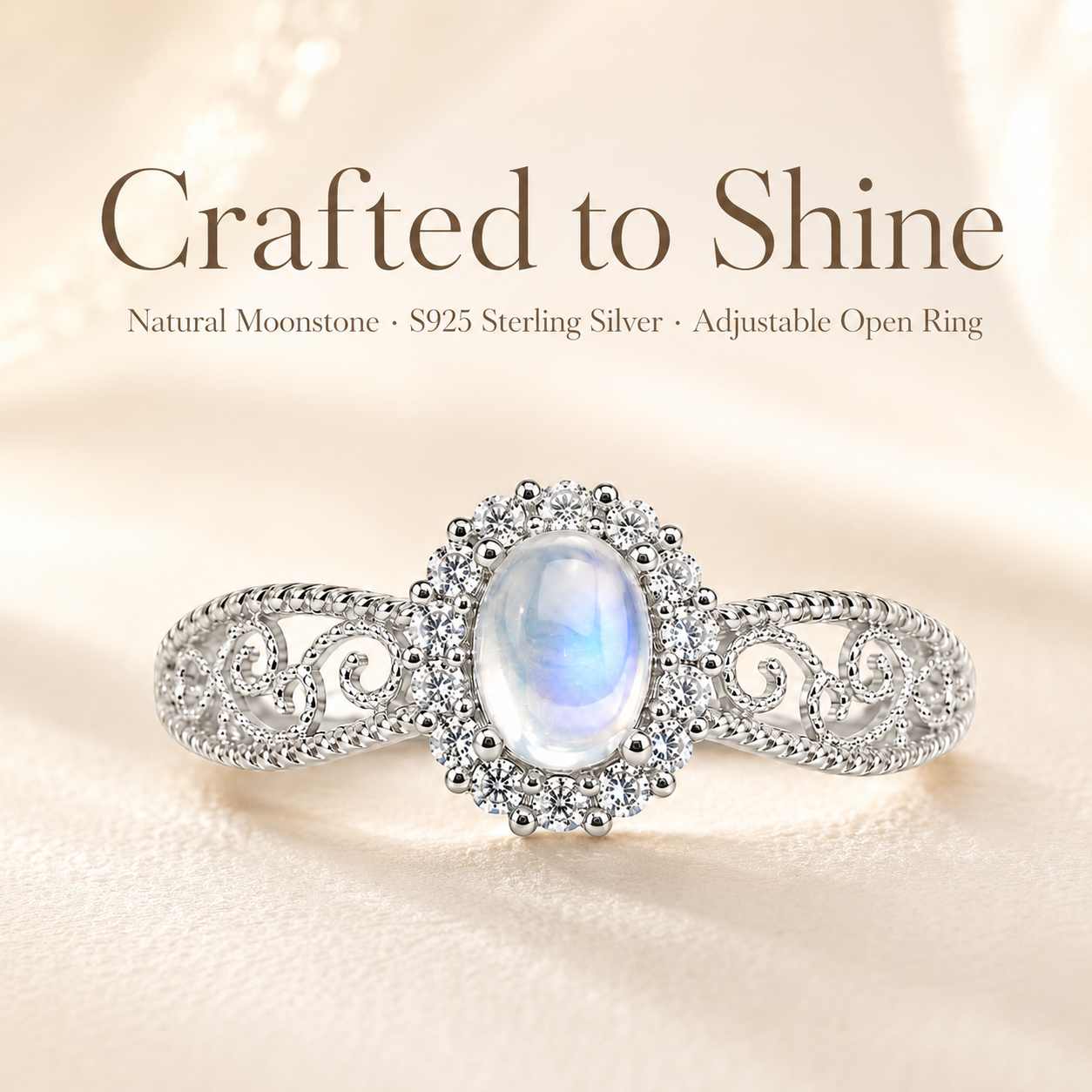 Moonstone Adjustable Ring S925 Sterling Silver - Lifestyle Shot