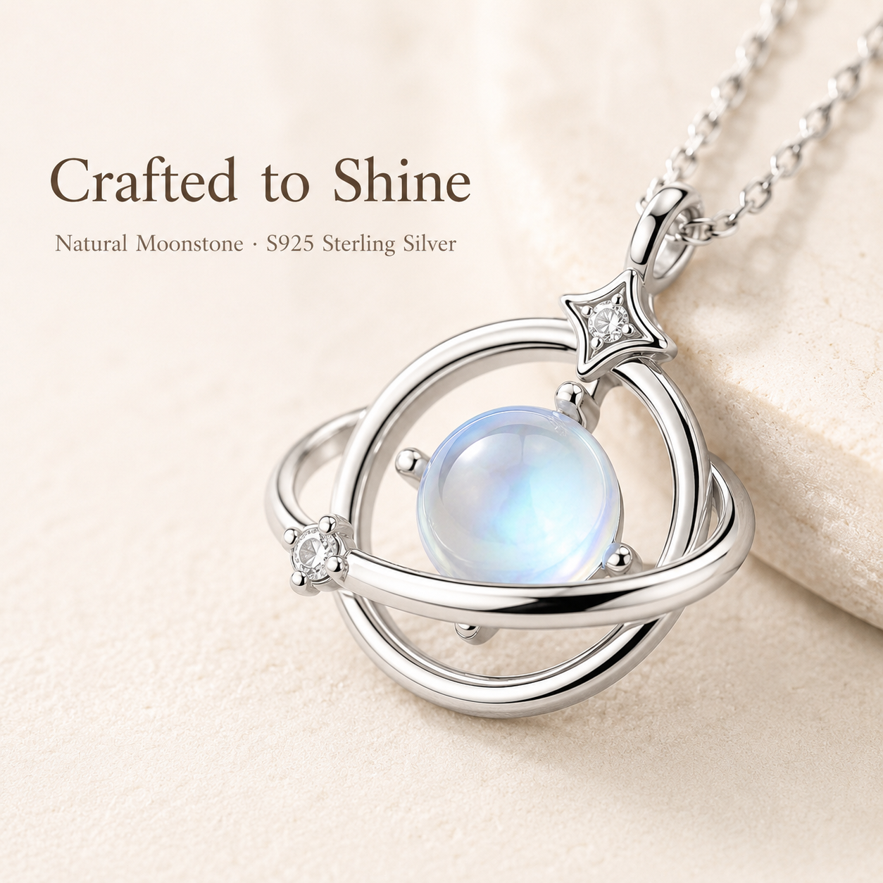 Natural Moonstone Star Orbit Necklace in S925 Sterling Silver