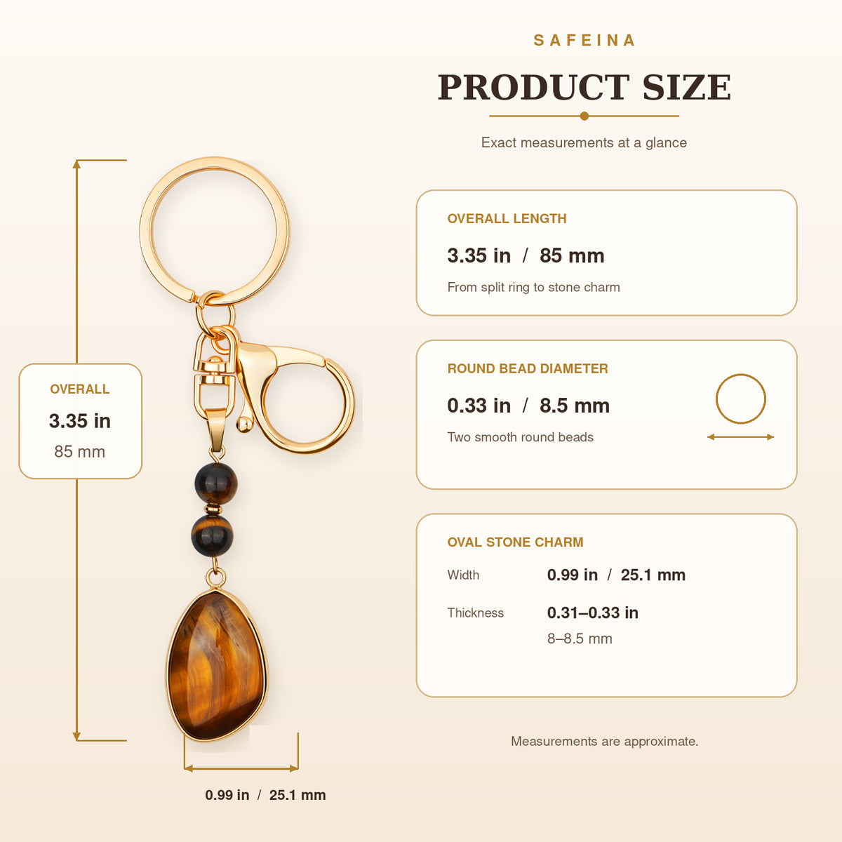 SAFEINA Natural Tiger Eye Keychain & Bag Charm Gift Set