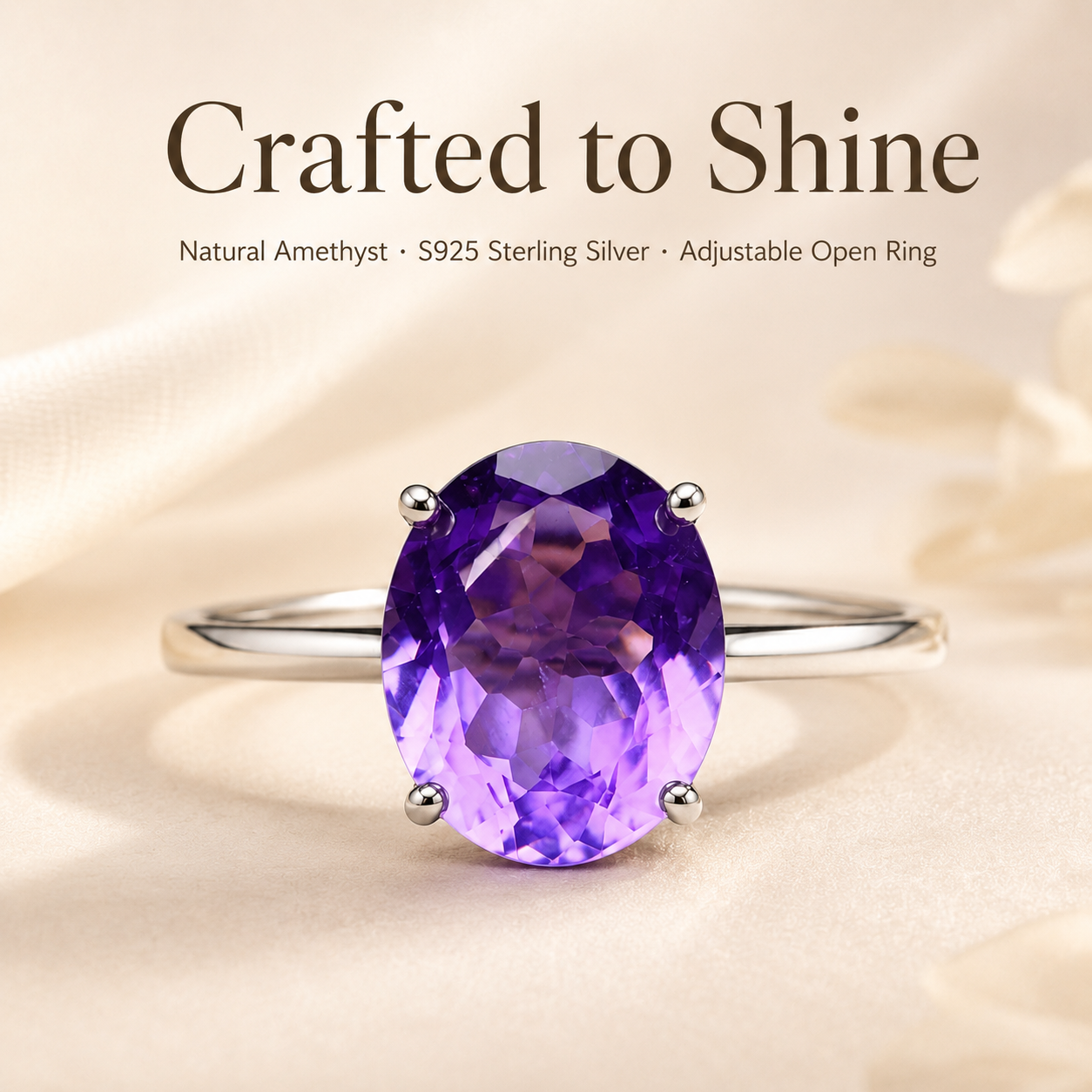 Amethyst Adjustable Ring S925 Sterling Silver - Lifestyle Shot
