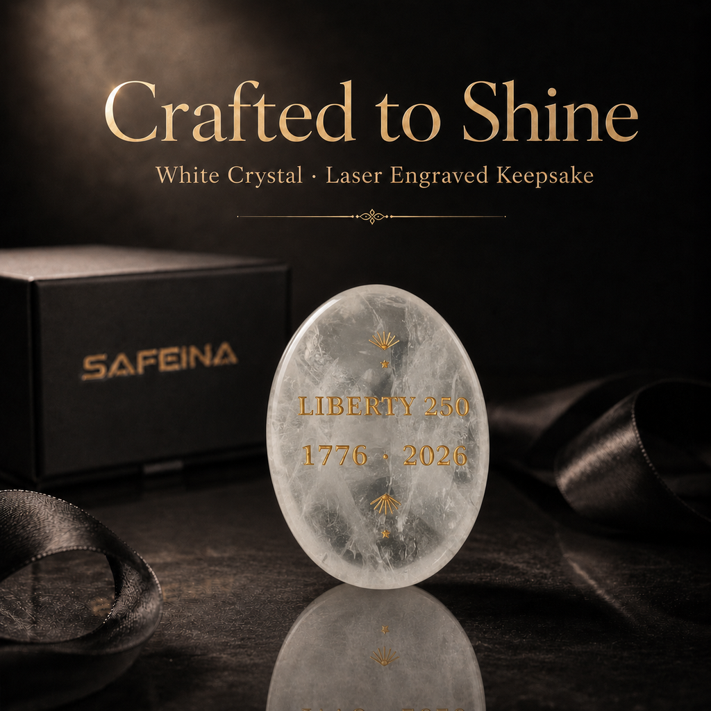 SAFEINA gift packaging for white crystal keepsake palm stone – gift box, soft pouch, and keepsake card