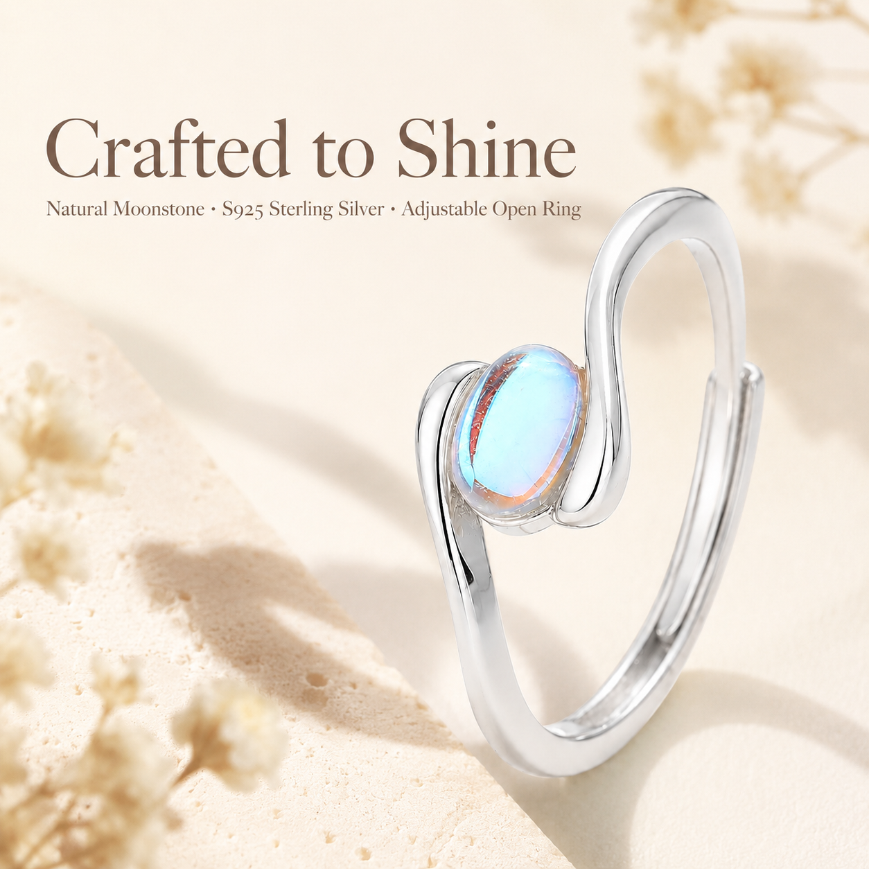 Moonstone Adjustable 925 Sterling Silver Ring - Lifestyle Shot