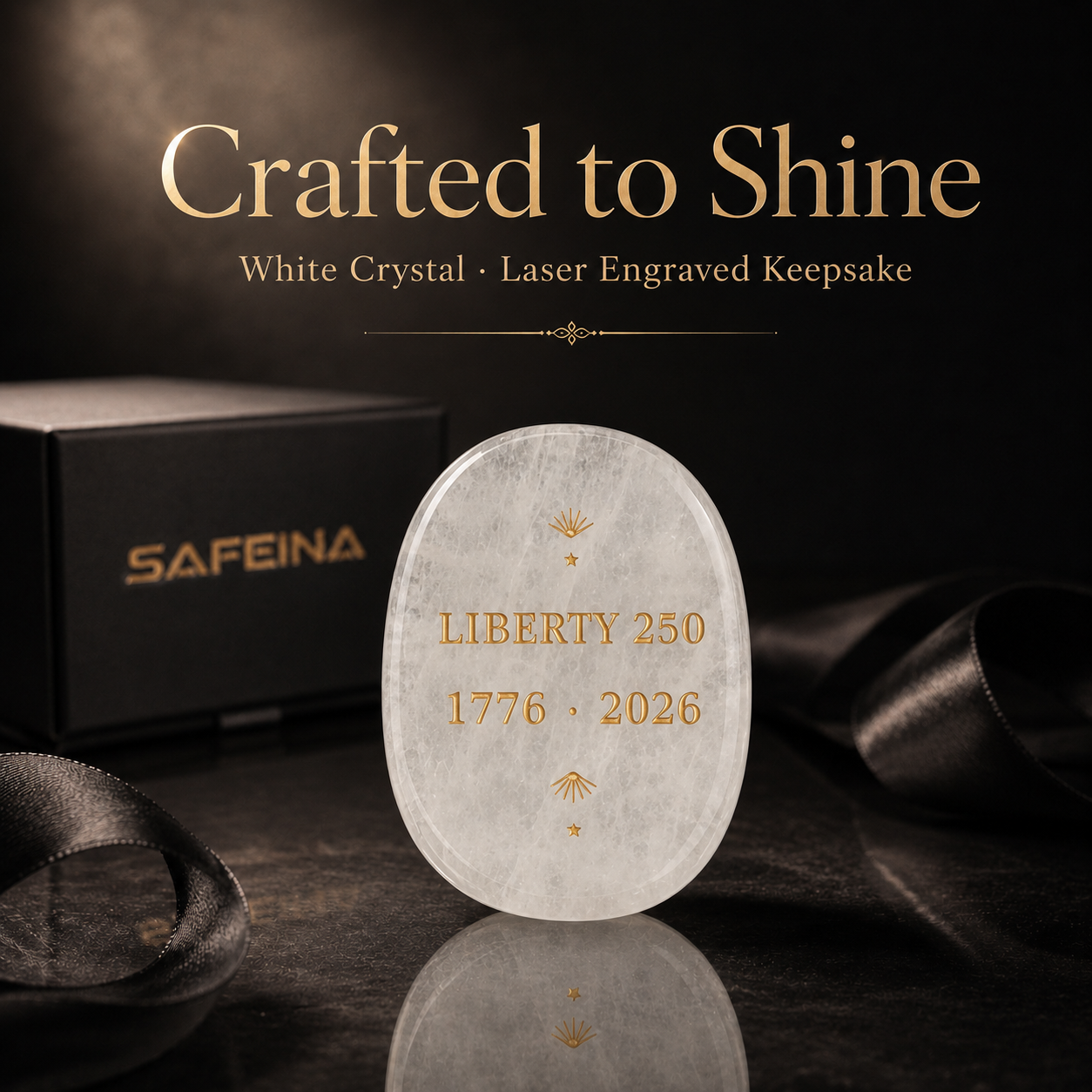 SAFEINA gift packaging for white crystal Liberty 250 keepsake – gift box, soft pouch, and keepsake card