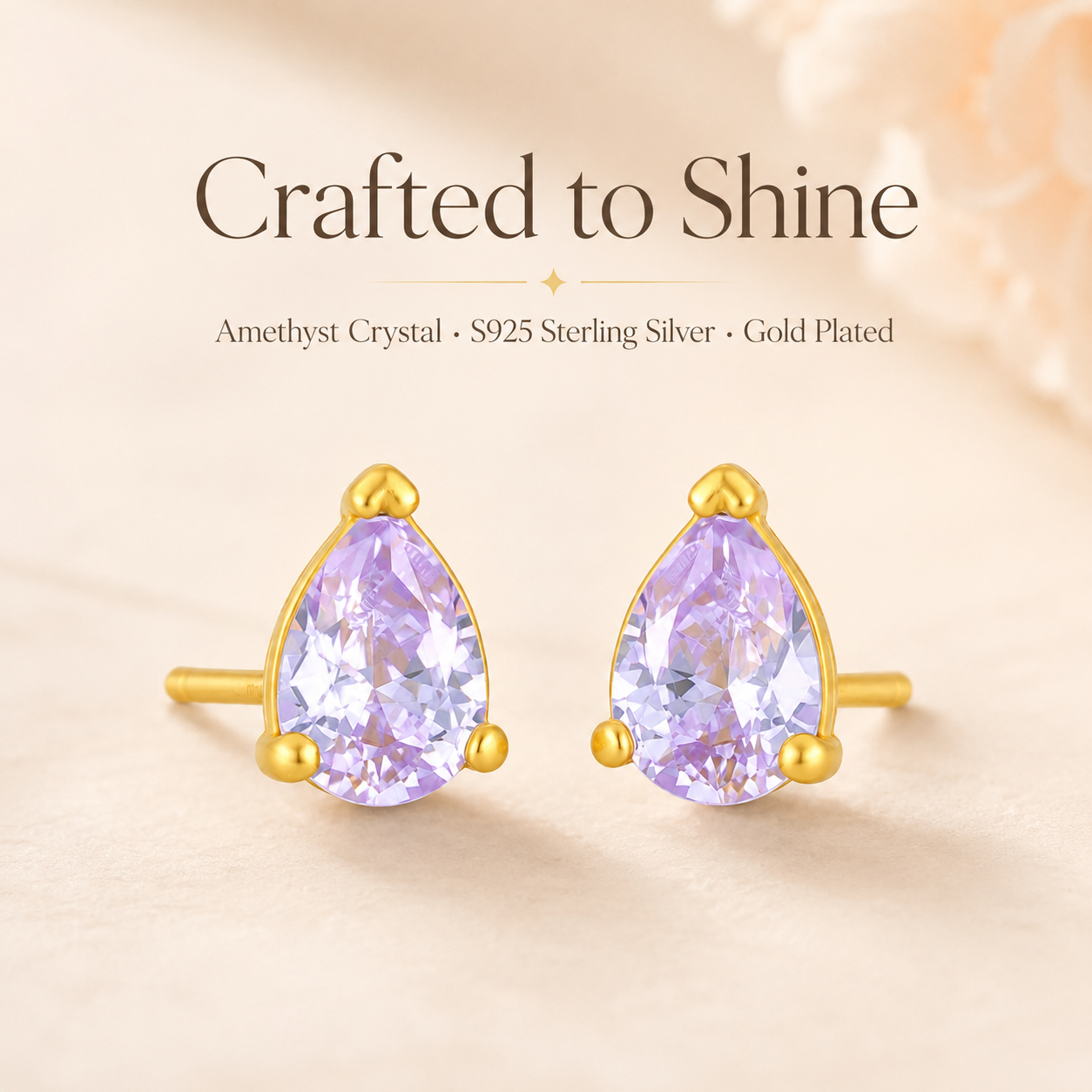 Amethyst Teardrop Stud Earrings Gold-Plated S925 Silver - Lifestyle Shot