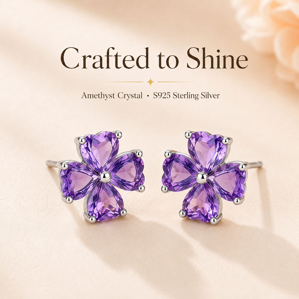 Amethyst Clover 925 Sterling Silver Stud Earrings - Lifestyle Shot