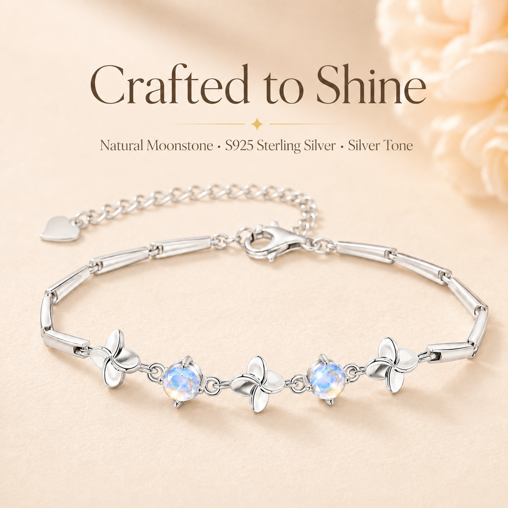 Moonstone Sterling Silver Clover Bracelet - Lifestyle Shot