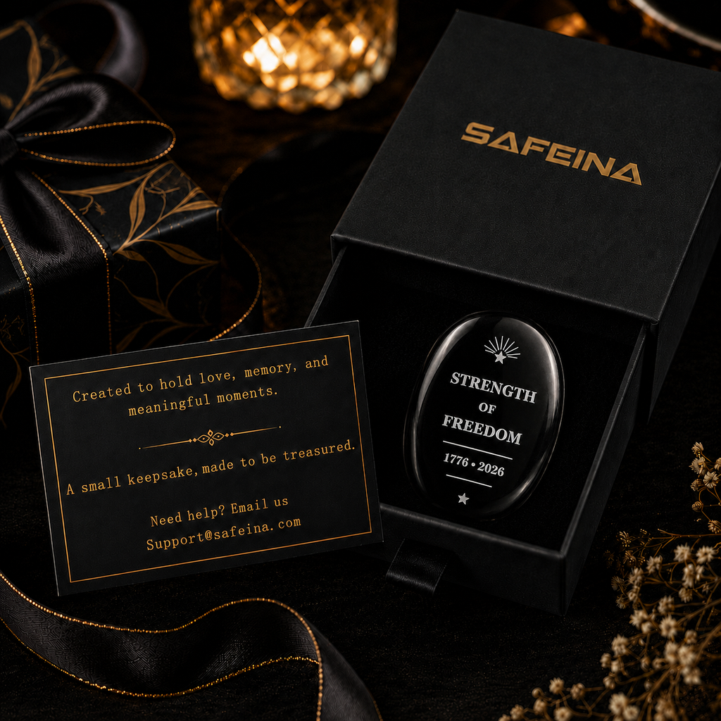 Black obsidian Strength of Freedom 1776–2026 laser engraved collectible crystal – side and texture detail view