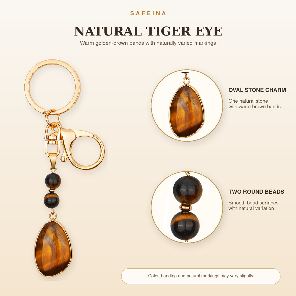 SAFEINA Natural Tiger Eye Keychain & Bag Charm Gift Set