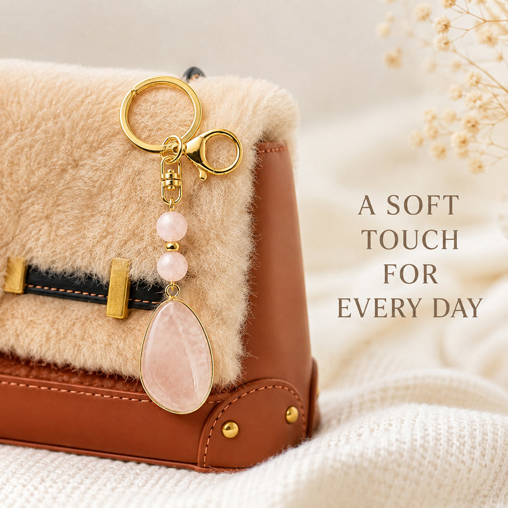 SAFEINA Natural Rose Quartz Keychain & Bag Charm Gift Set