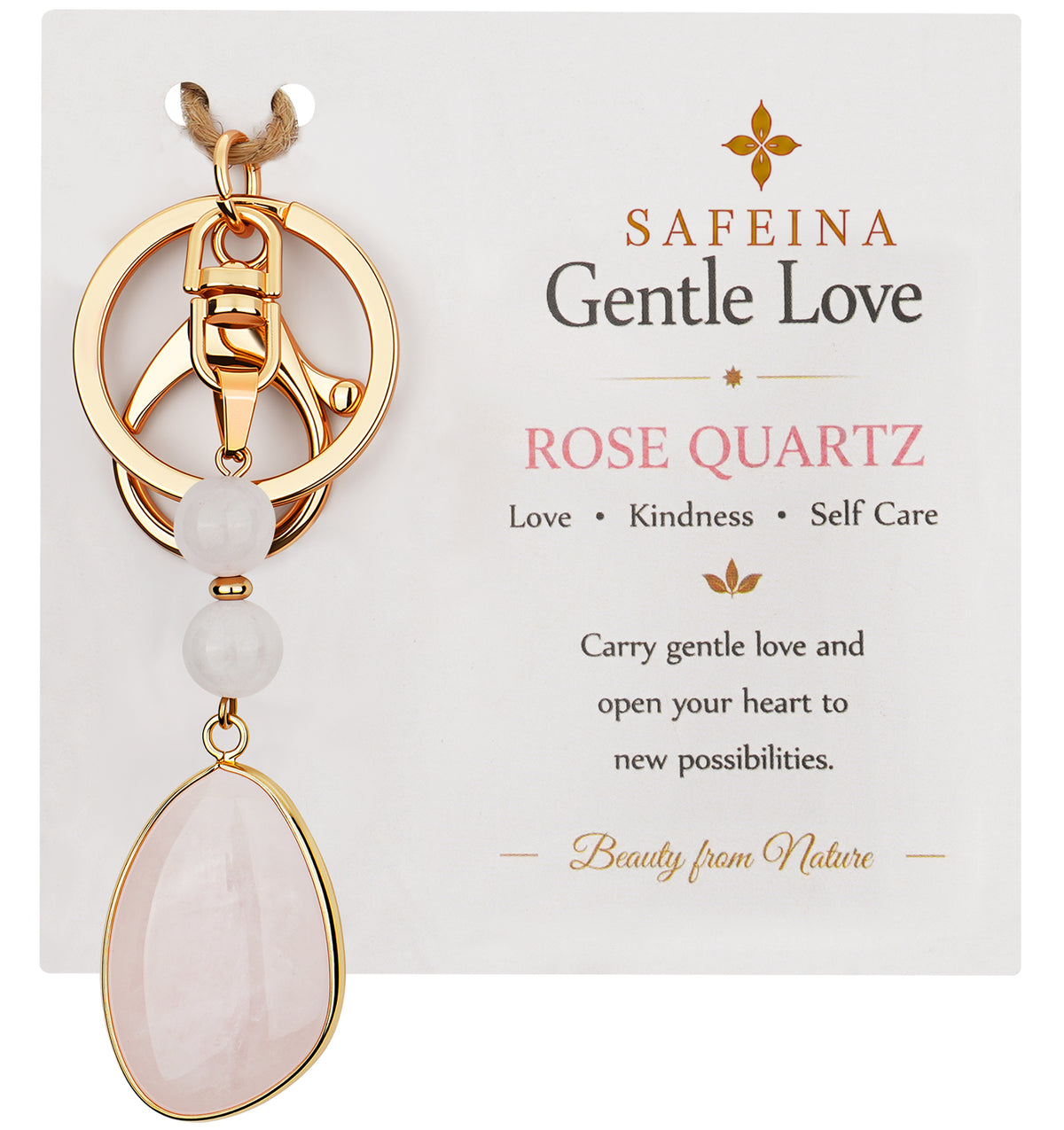 SAFEINA Natural Rose Quartz Keychain & Bag Charm Gift Set