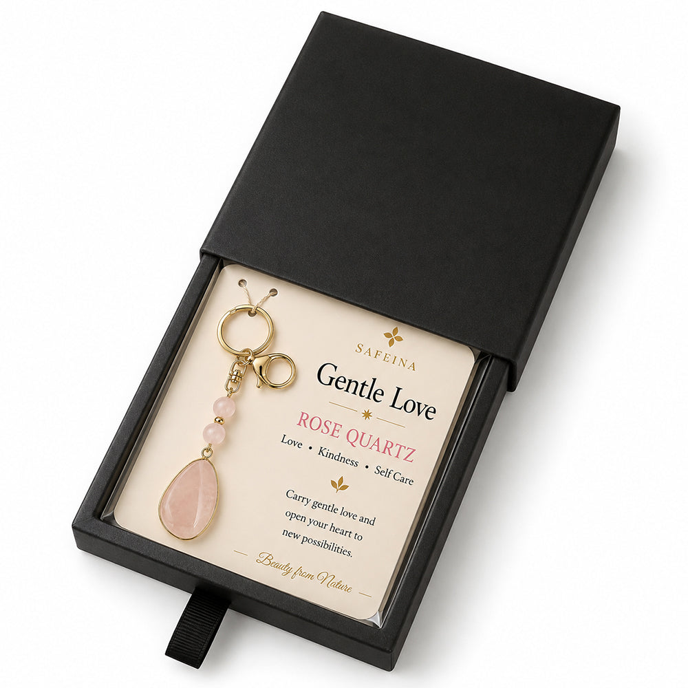 SAFEINA Natural Rose Quartz Keychain & Bag Charm Gift Set