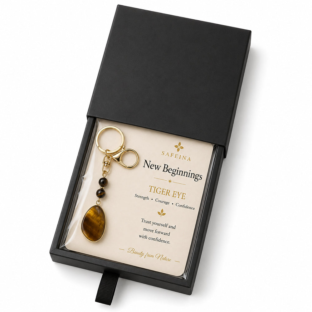 SAFEINA Natural Tiger Eye Keychain & Bag Charm Gift Set
