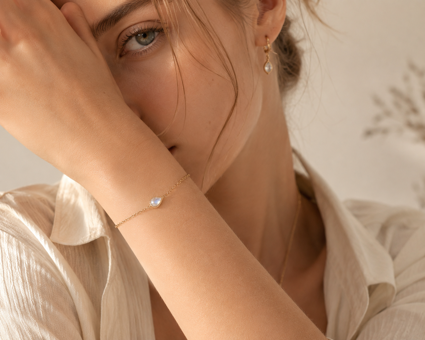 Japanese Minimalist Blue Moonstone Teardrop Bracelet - Side View