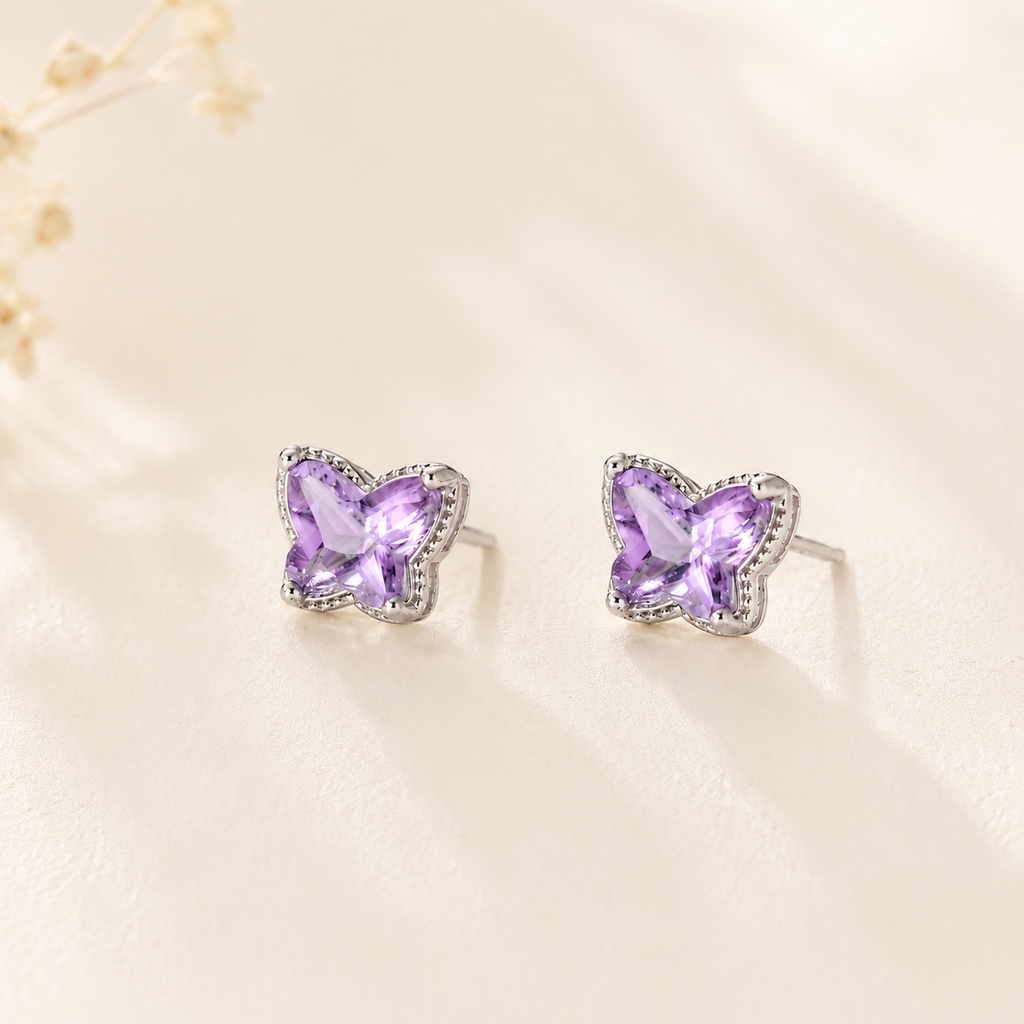 Lilac Butterfly Stud Earrings S925 Sterling Silver - Front View