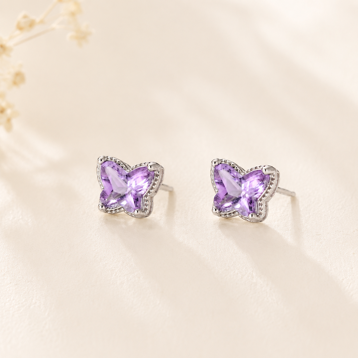 Lilac Butterfly Stud Earrings S925 Sterling Silver - Front View