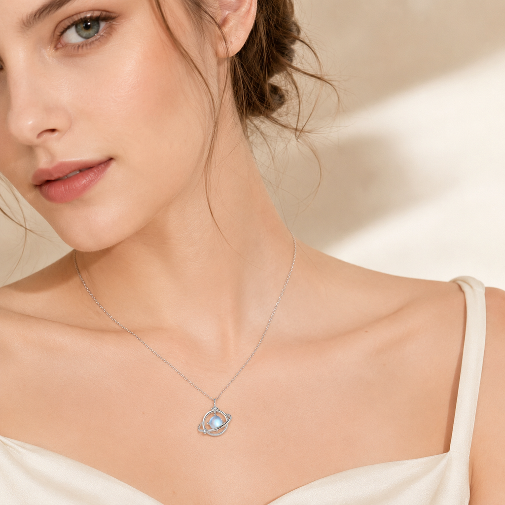 Natural Moonstone Star Orbit Necklace in S925 Sterling Silver