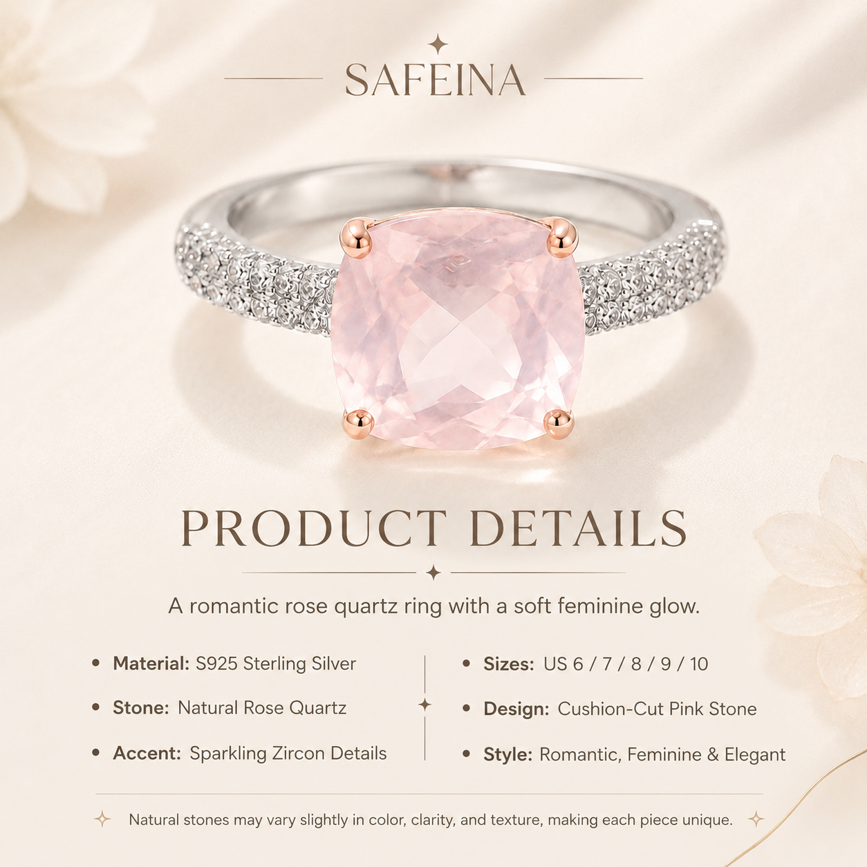 Rose Quartz Sterling Silver Ring - Detail Close-up