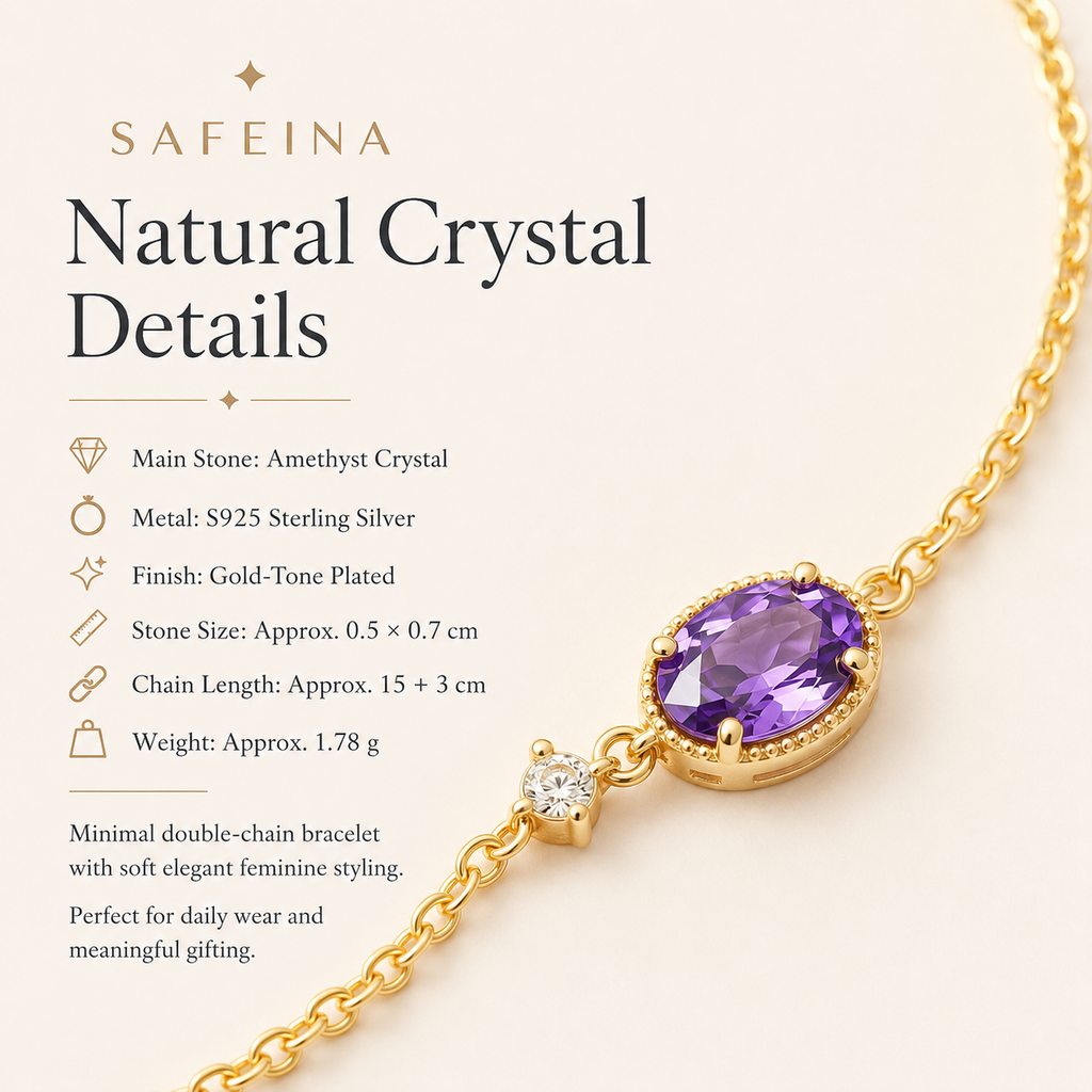 Amethyst Purple Crystal Sterling Silver Gold Bracelet - Detail Close-up