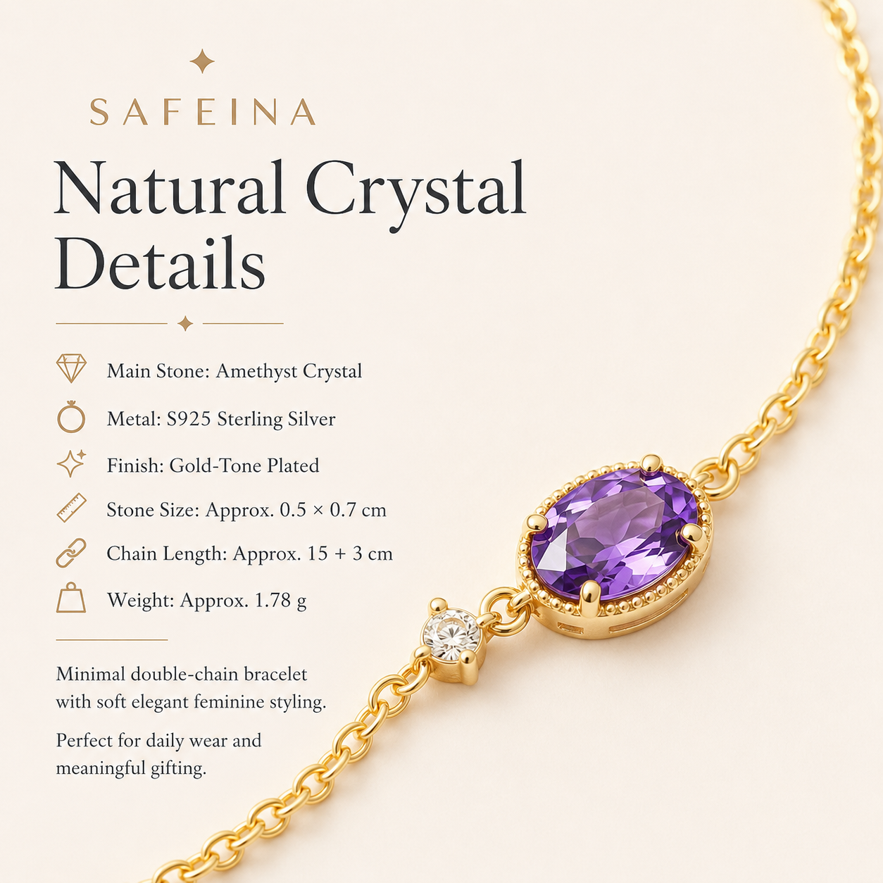 Amethyst Purple Crystal Sterling Silver Gold Bracelet - Detail Close-up