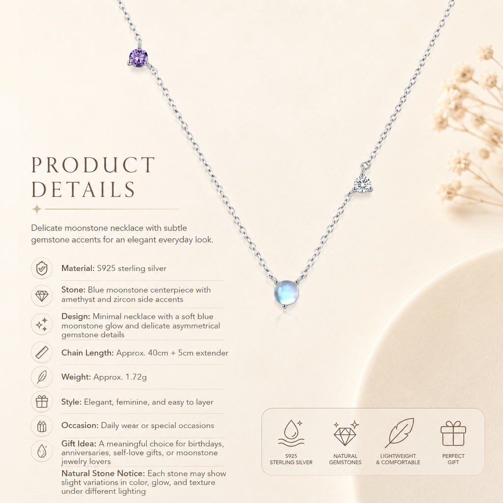 Blue Moonstone Necklace in S925 Sterling Silver