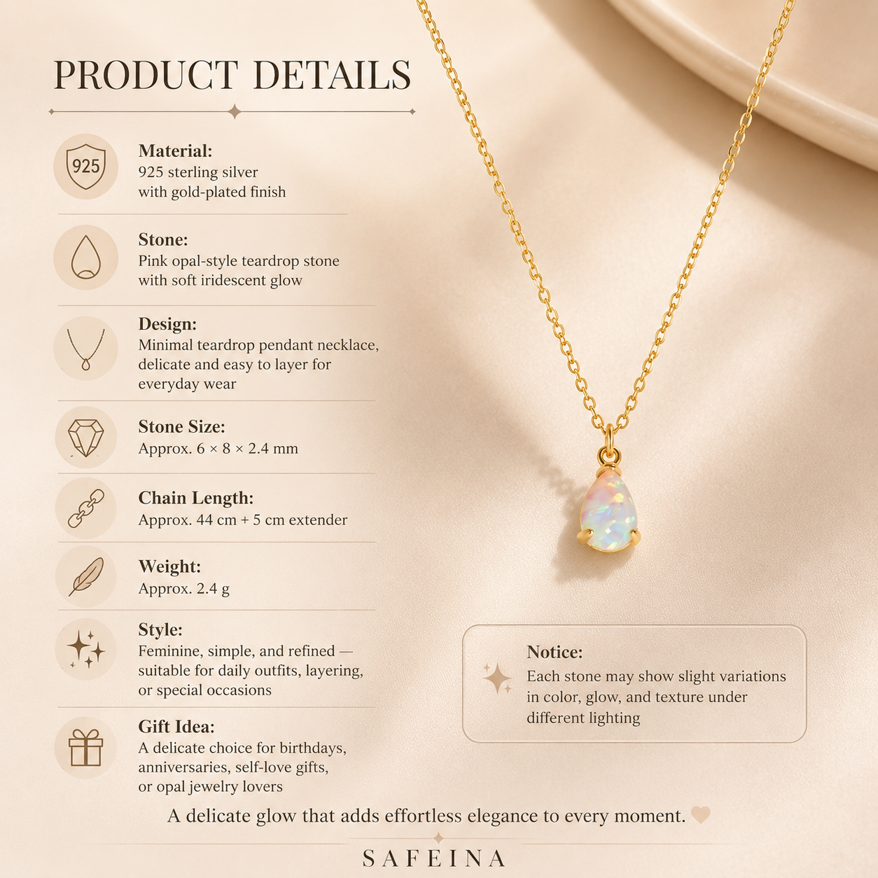 Pink Opal Teardrop Necklace in Gold-Plated 925 Sterling Silver