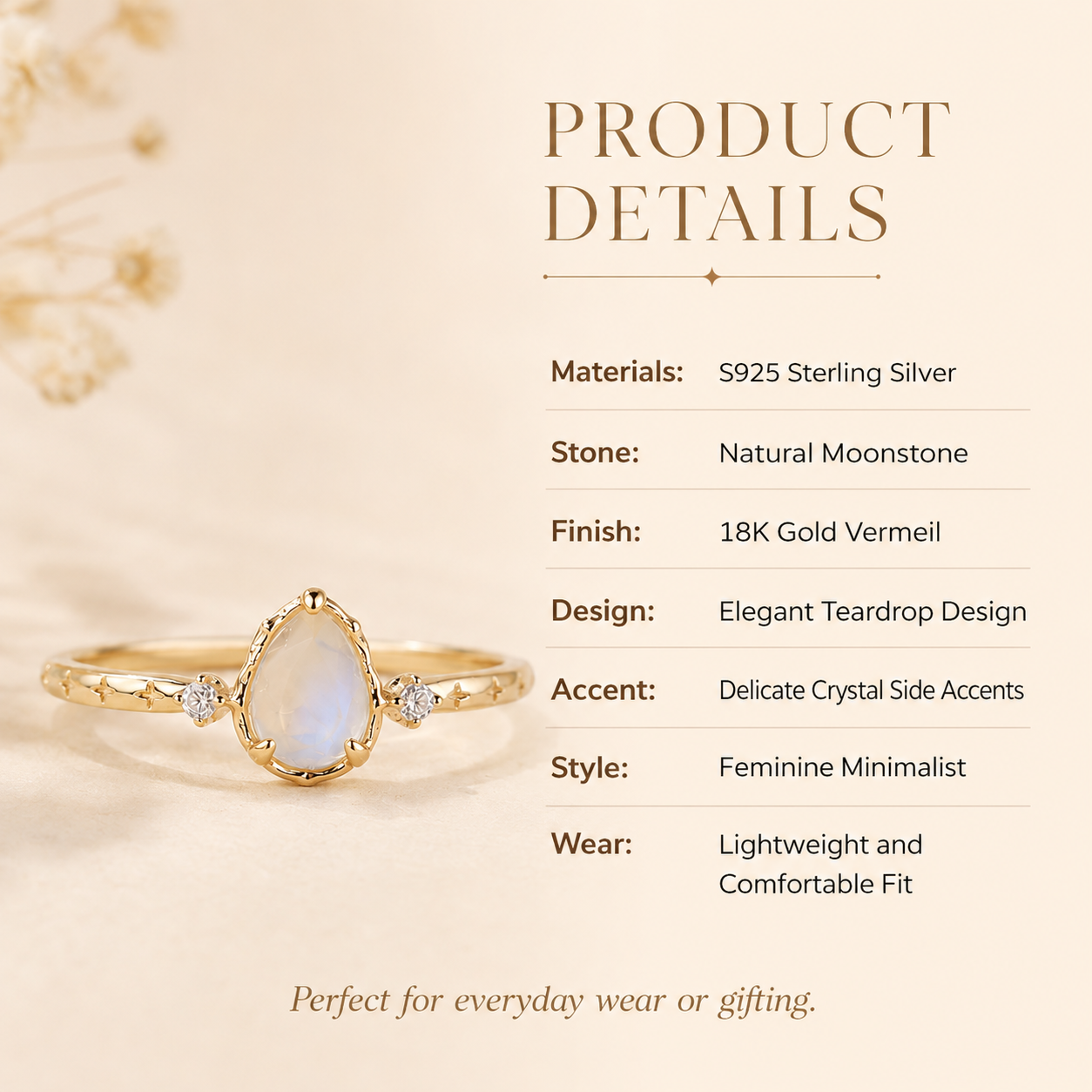 Moonstone Teardrop Ring 18K Gold Vermeil - Detail Close-up