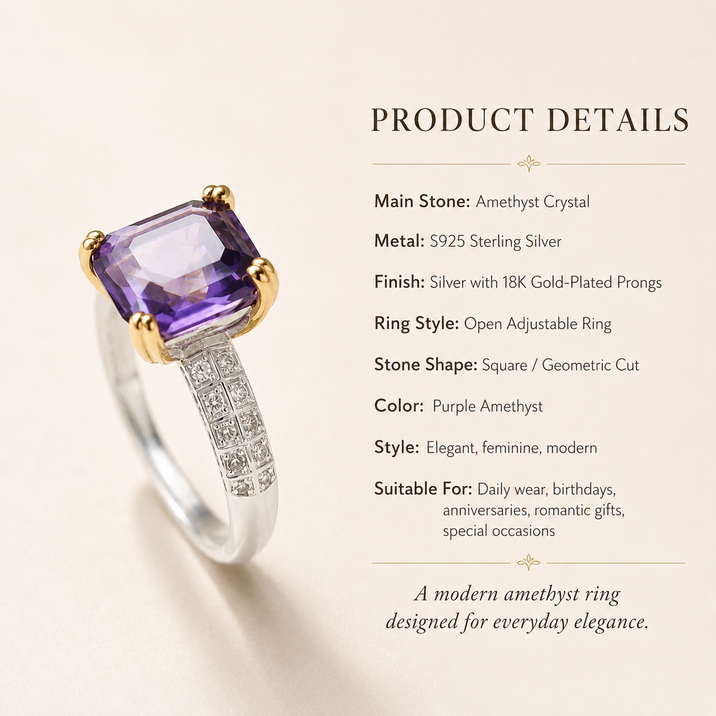 Amethyst Square Ring 18K Gold-Plated S925 Sterling Silver - Detail Close-up