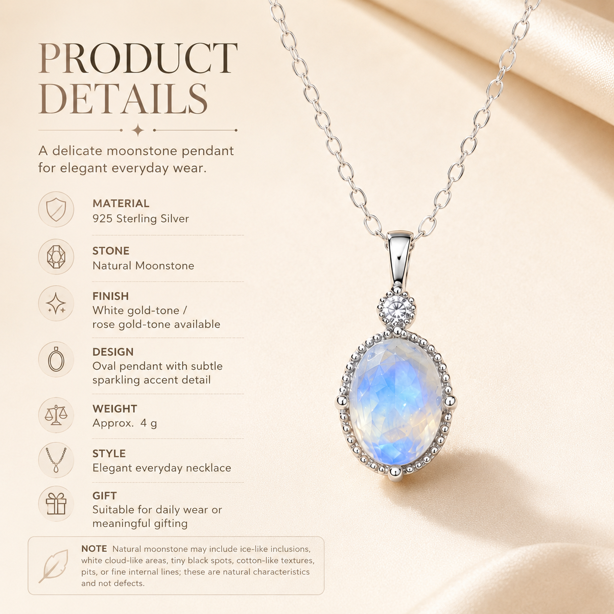 Moonstone Pendant 925 Sterling Silver Necklace