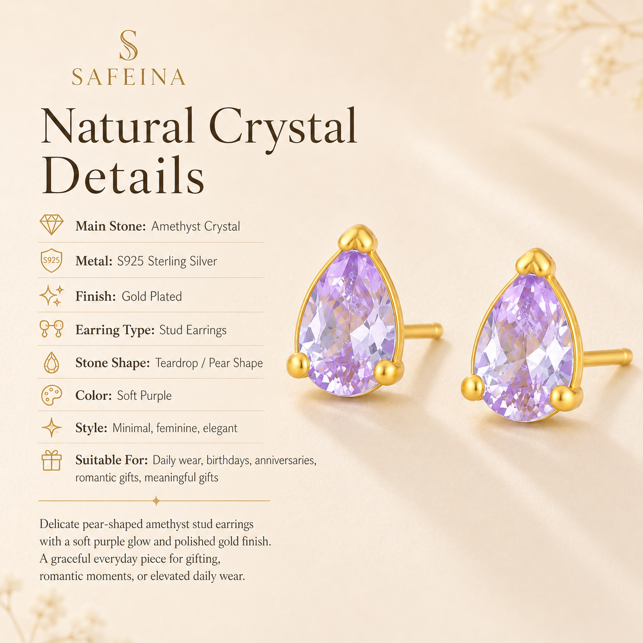Amethyst Teardrop Stud Earrings Gold-Plated S925 Silver - Detail Close-up