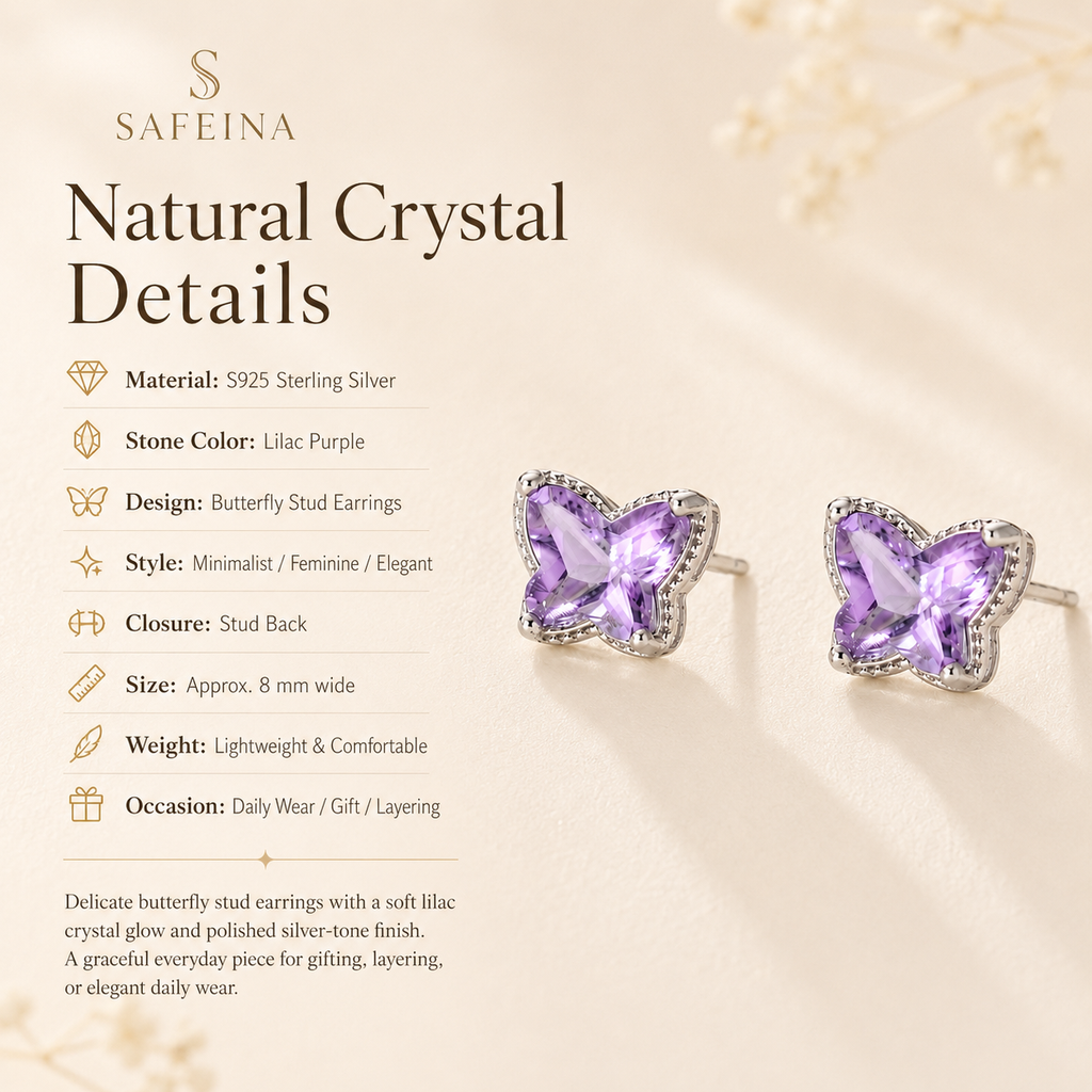 Lilac Butterfly Stud Earrings S925 Sterling Silver - Detail Close-up