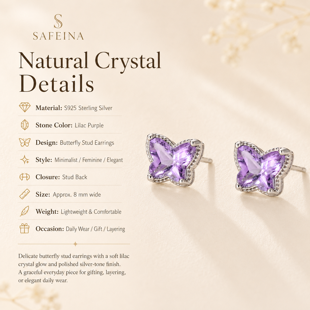Lilac Butterfly Stud Earrings S925 Sterling Silver - Detail Close-up