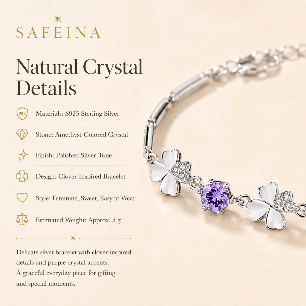 Amethyst Sterling Silver Clover Bracelet - Detail Close-up