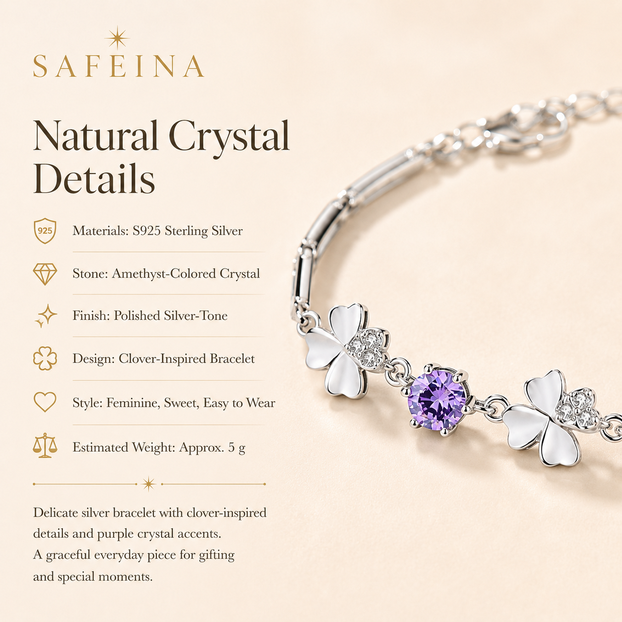 Amethyst Sterling Silver Clover Bracelet - Detail Close-up