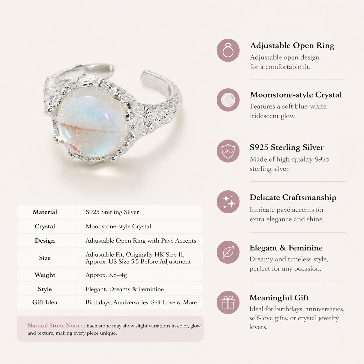 Moonstone Adjustable Ring S925 Sterling Silver - Product Details