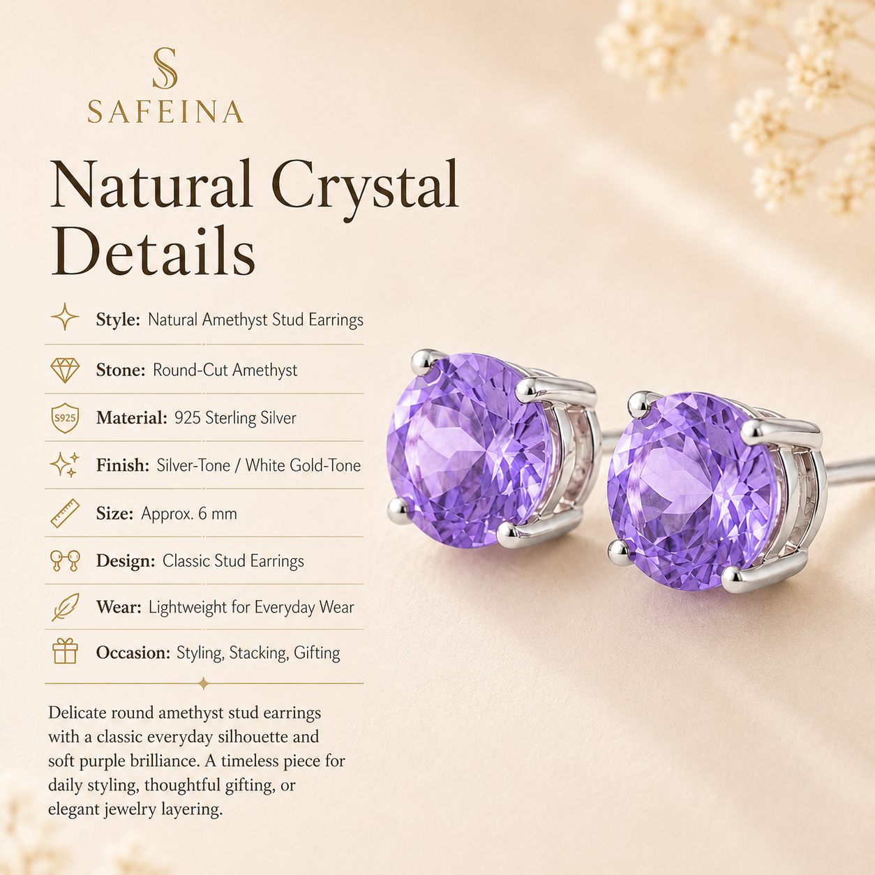Amethyst 925 Sterling Silver Stud Earrings - Detail Close-up