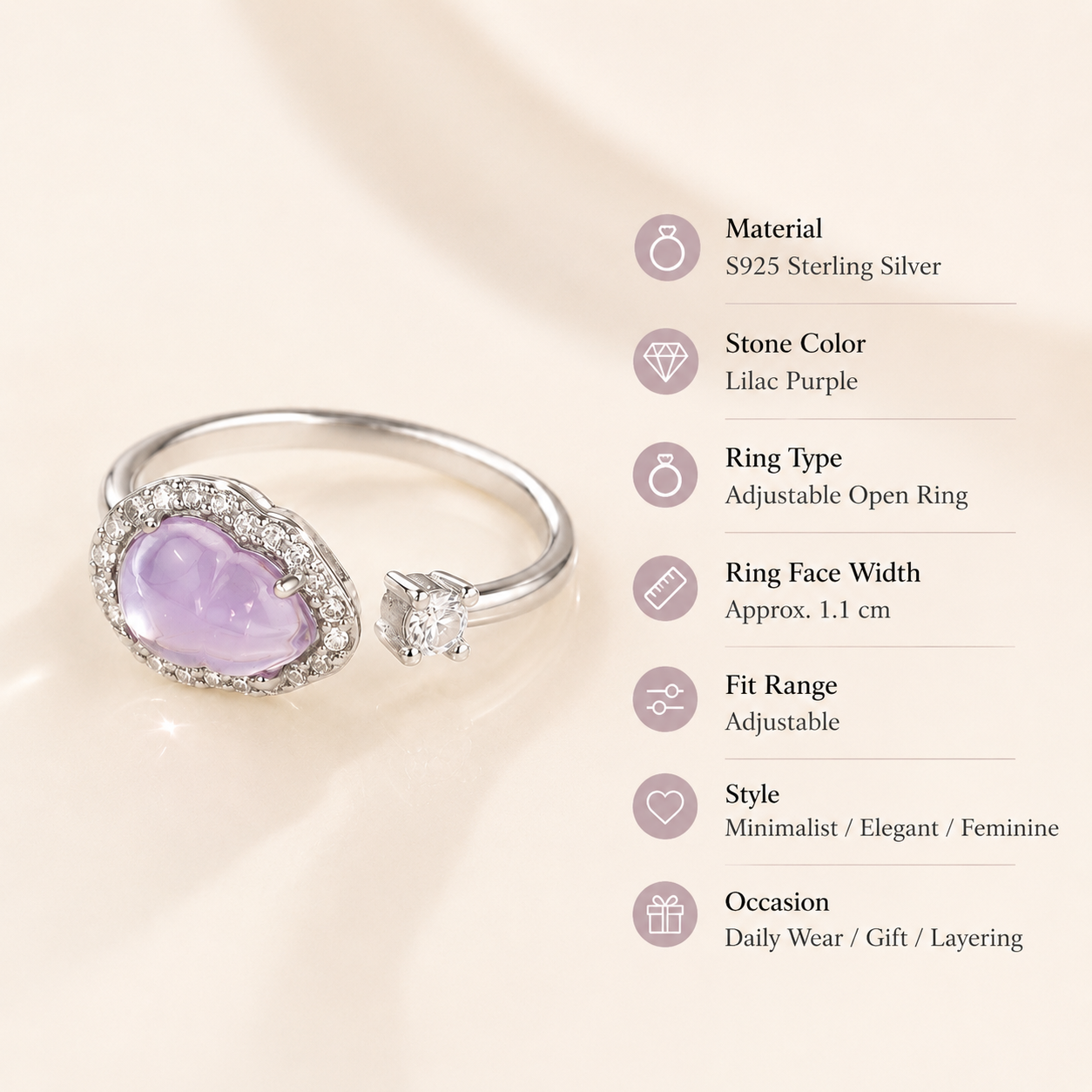 Lilac Amethyst Crystal Ring S925 Sterling Silver - Detail Close-up