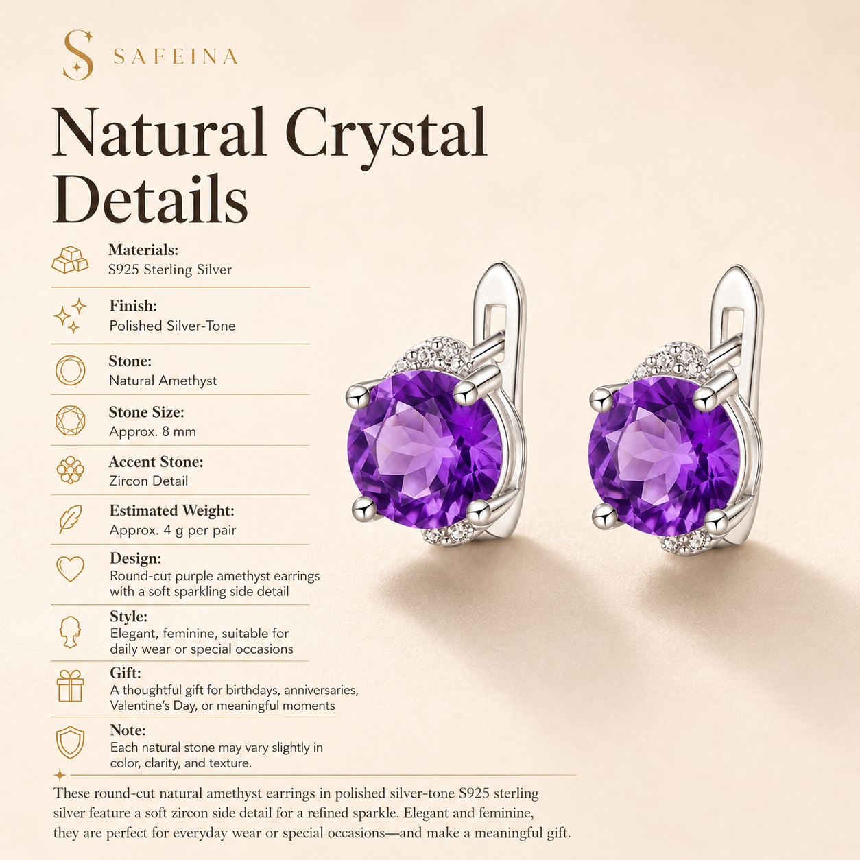 Amethyst Sterling Silver Earrings - Detail Close-up