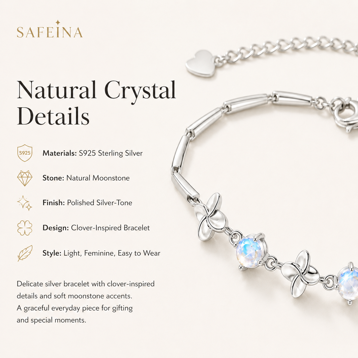 Moonstone Sterling Silver Clover Bracelet - Detail Close-up