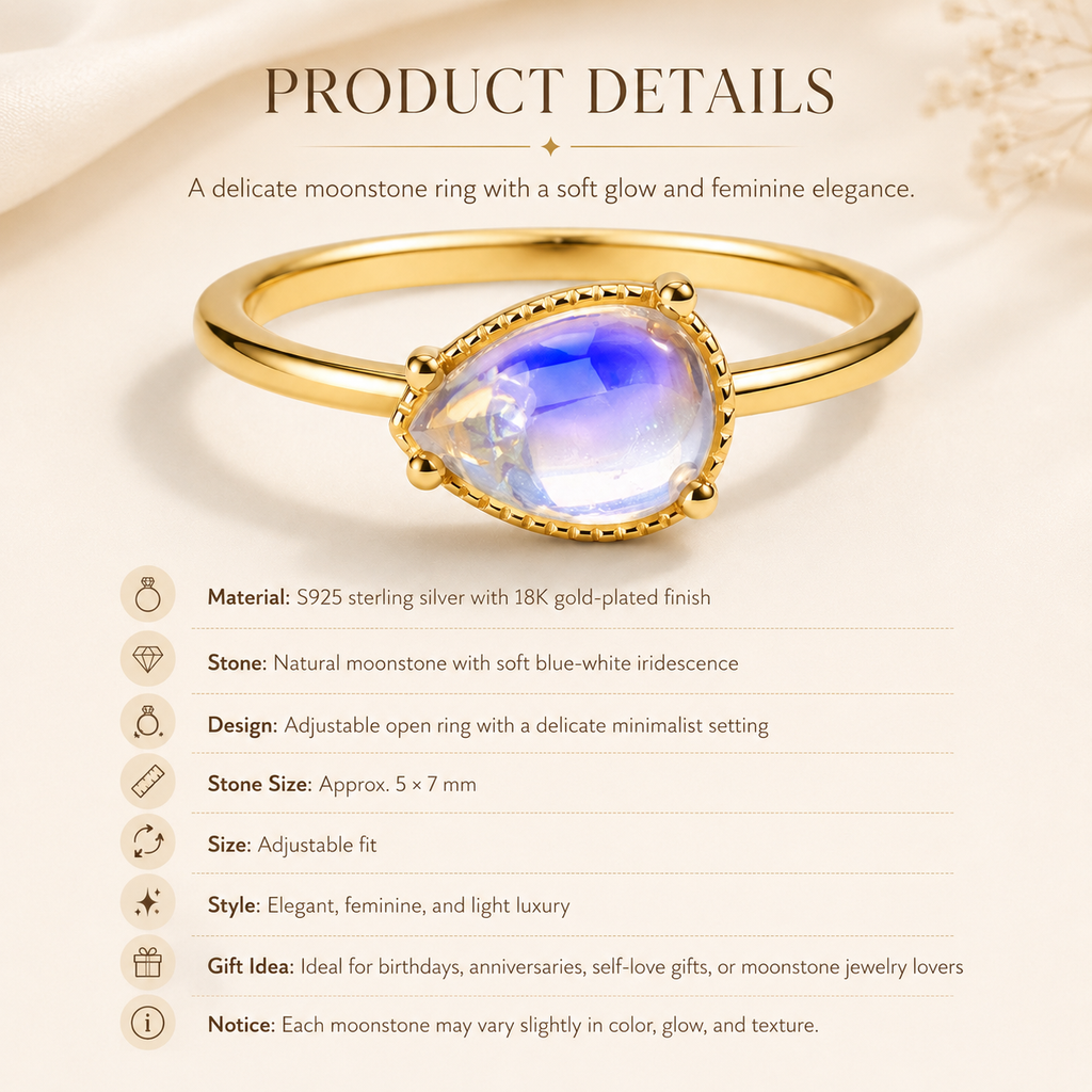 Moonstone Adjustable Ring 18K Gold-Plated S925 Sterling Silver - Detail Close-up