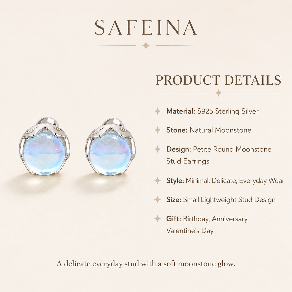 Petite Moonstone Sterling Silver Stud Earrings - Detail Close-up