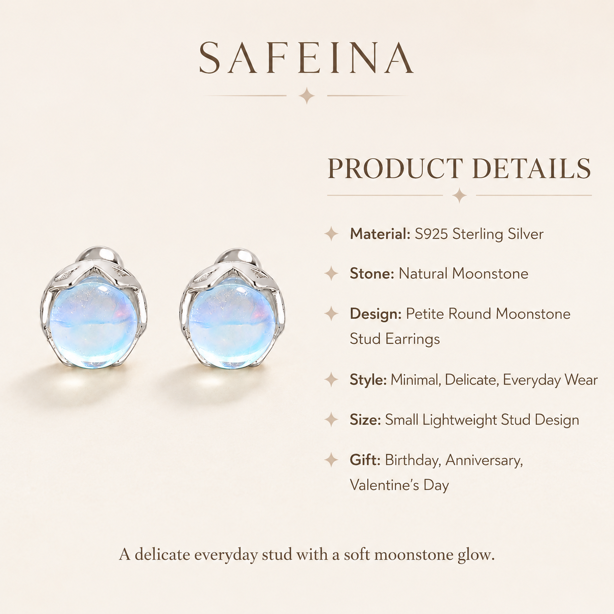 Petite Moonstone Sterling Silver Stud Earrings - Detail Close-up