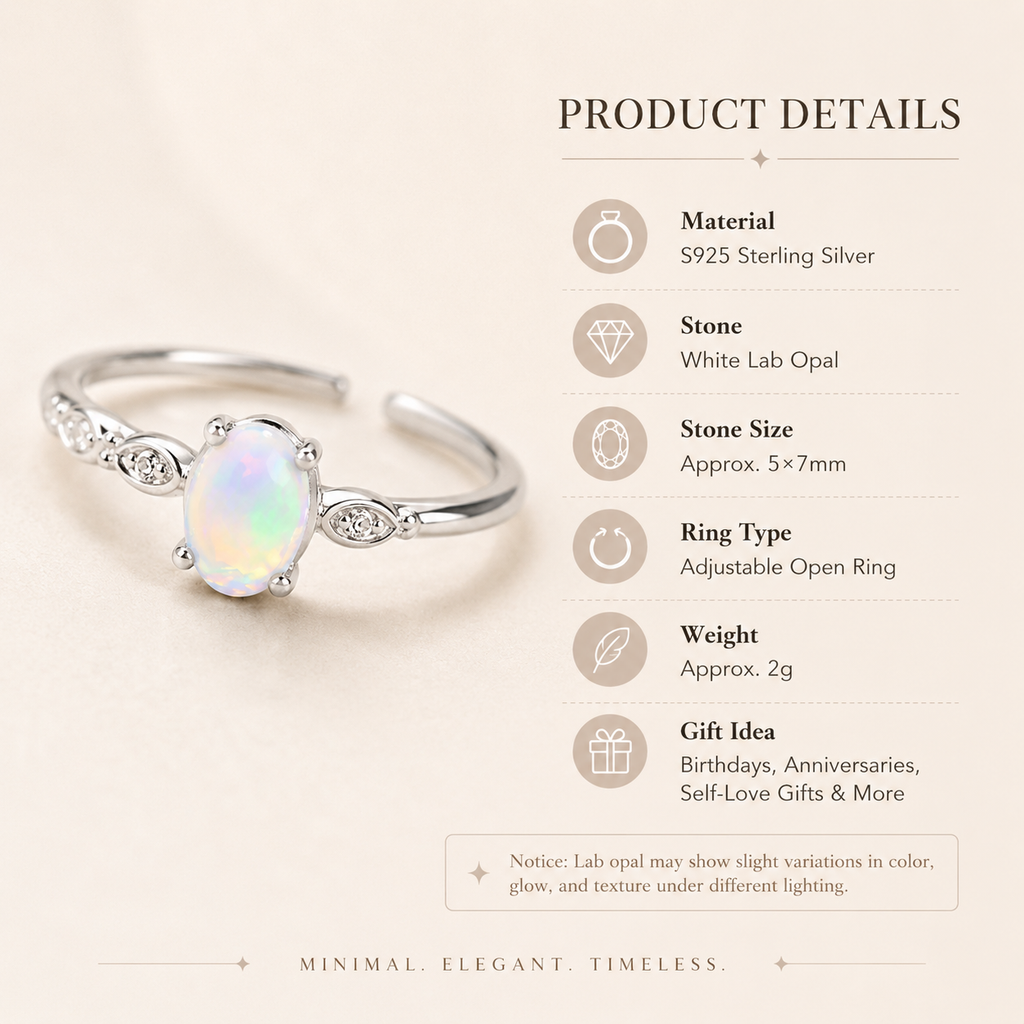 Lab Opal Adjustable Ring S925 Sterling Silver - Detail Close-up