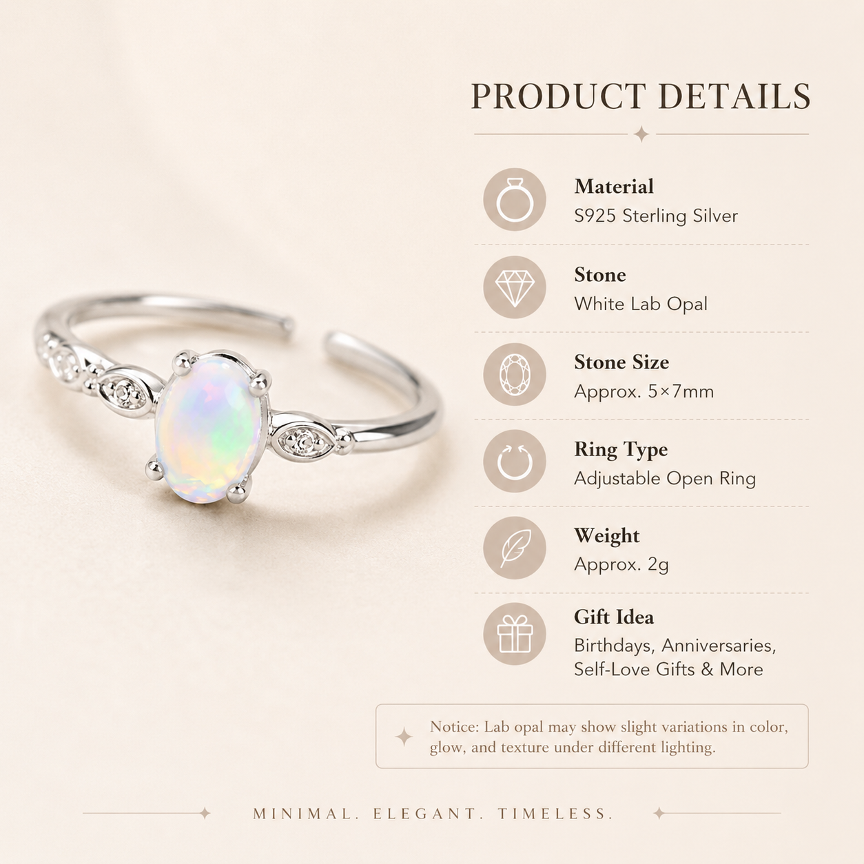 Lab Opal Adjustable Ring S925 Sterling Silver - Detail Close-up