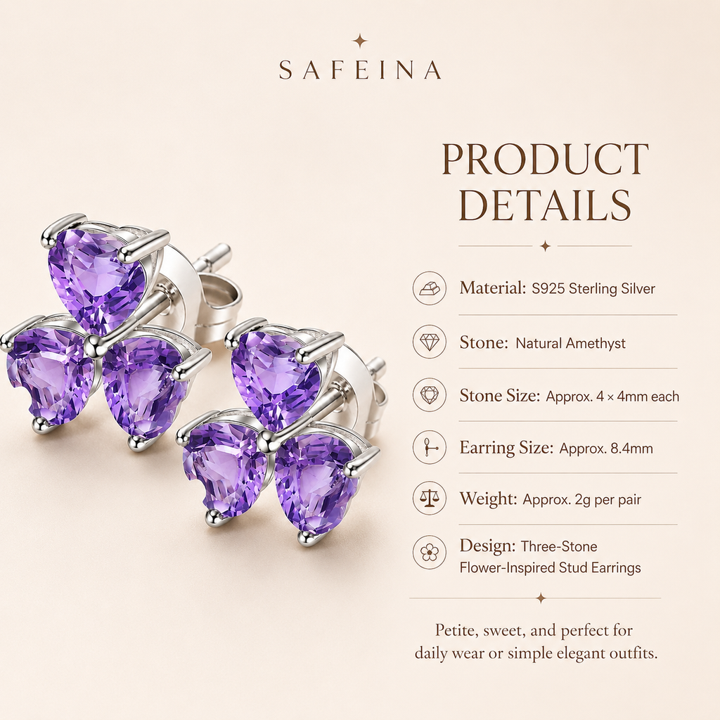Amethyst Sterling Silver Flower Stud Earrings - Detail Close-up