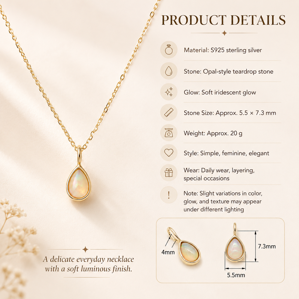 Opal Teardrop Necklace in S925 Sterling Silver